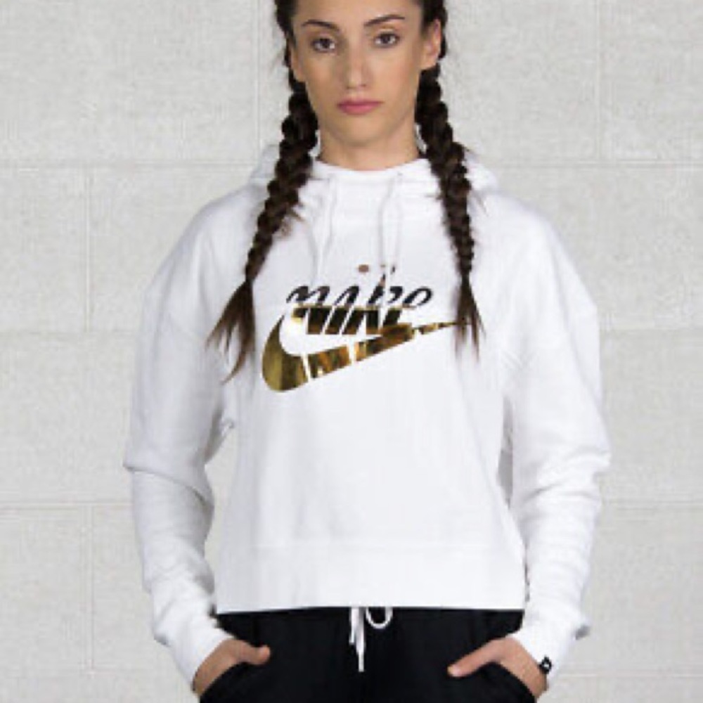 NIKE Women's Metallic Gold Rally sweatshirt Cropped Hoodie White Sz small
